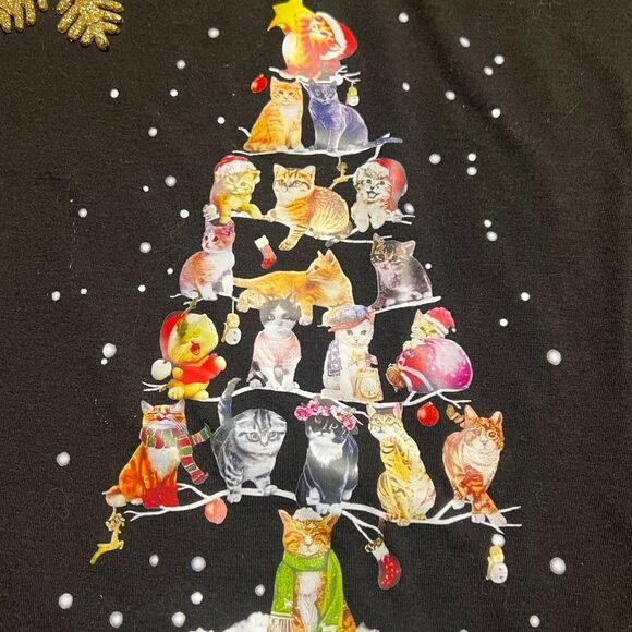 NoraCora Holiday Christmas Tree Cat Print Black Top T-Shirt M Gold snowflakes - Picture 3 of 10